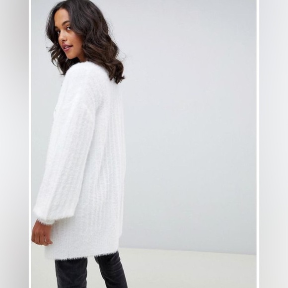 ASOS Cream White Soft Plush Fluffy Rib Long Open Front Cardigan - Picture 6 of 6